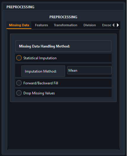 AIMU Preprocessing Interface Showing Features and Lag Settings